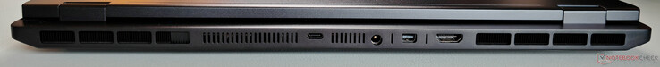 Arrière : USB-C 4.0 (40 GBit/s, DisplayPort 2.1 via iGPU, 140W Power Delivery), bloc d'alimentation, Mini-DisplayPort 2.1 (via dGPU, DP40/UHBR10, VRR/G-Sync), HDMI 2.1 (via dGPU, 48 GBit/s, HDCP 2.3, VRR/G-Sync)