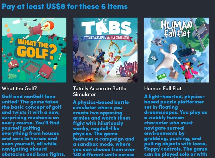Affiches et descriptions des jeux. En payant 8 $, vous obtenez 6 jeux (Source de l'image : Humble Bundle)