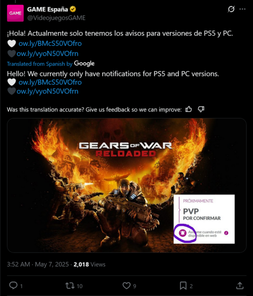 Game Espana Gears of War : Reloaded X post (Image source : screenshot, Game Espana X account)