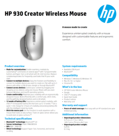 Souris sans fil HP 930 Creator - Spécifications. (Source : HP)