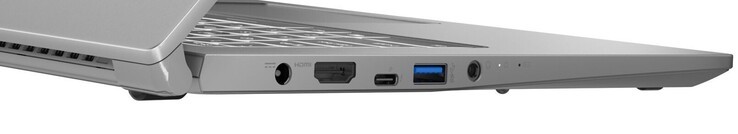 Côté gauche : Alimentation, HDMI, 1x Thunderbolt 4 (y compris Power Delivery et DisplayPort), 1x USB-A 3.2 Gen 1, prise audio combinée