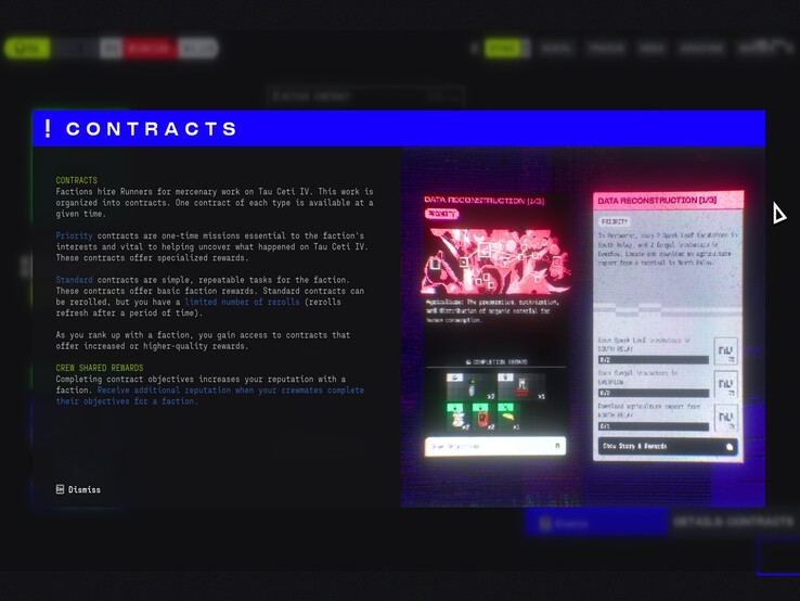 L'écran des contrats de Marathon indique la répartition entre les emplois prioritaires et standard, en soulignant les récompenses de faction, les relances et les gains de réputation partagés par l'équipage.