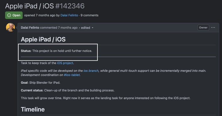 Blender a déclaré que le projet iPad était désormais en suspens.