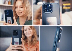 Le Reink Case C1 intègre un petit écran secondaire à encre électronique au dos d'un iPhone. (Image : Reink Stone)