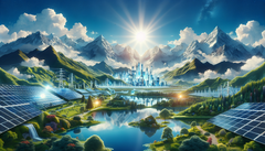 C'est ainsi que l'IA imagine de nombreuses cellules solaires devant des montagnes et de l'eau, ce qui est idéal pour l'énergie solaire et son stockage. (Source de l'image : DallE 3)