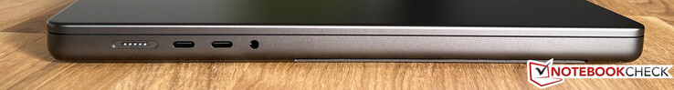 Côté gauche : MagSafe, 2x USB-C 4.0 avec Thunderbolt 4 (40 Gbps, DisplayPort-ALT mode 1.4, Power Delivery), 3.5 mm stéréo