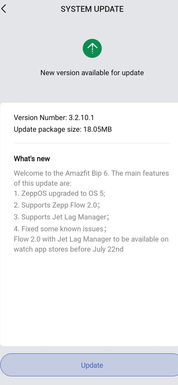 Les notes de mise à jour de la version 3.2.10.1 du logiciel de la smartwatch Amazfit Bip 6. (Source de l'image : Amazfit)