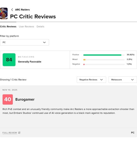 Note moyenne des critiques de Arc Raiders sur Metacritic (Source de l'image : capture d'écran, Metacritic)