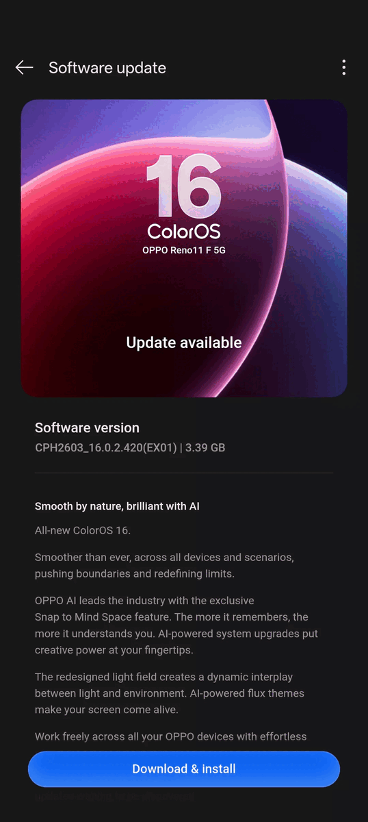 ColorOS 16 OTA sur Reno 11 FS 