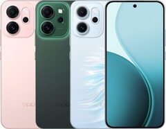 L'Oppo Reno14 F est disponible en rose brillant, vert lumineux et vert opale (Image source : Oppo)