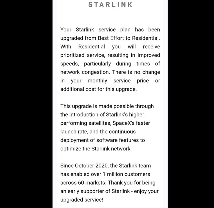 L'e-mail de mise à niveau de la vitesse de l'étage résidentiel de Starlink (Best Effort to Residential tier)