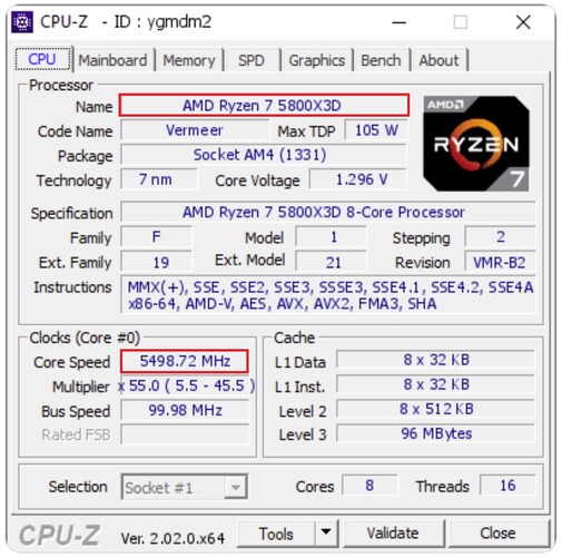 Ryzen 7 5800X3D débloqué. (Source de l'image : CPU-Z Validator)