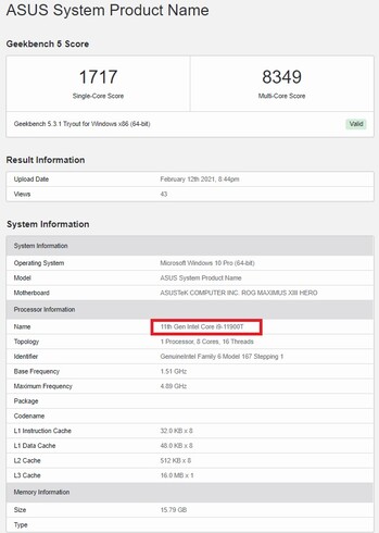 i9-11900T. (Source de l'image : Geekbench)