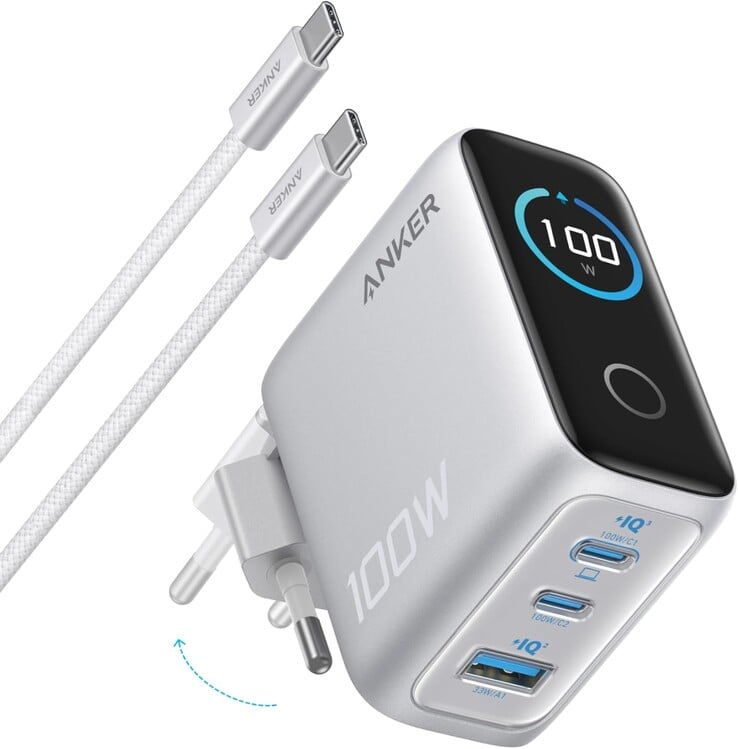 La version européenne du chargeur Anker (100W, 3 ports, Smart Display). (Source de l'image : Anker, édité)