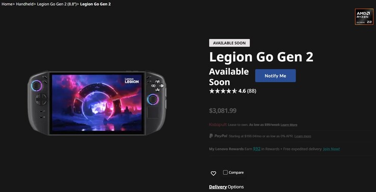 Fiche du Legion Go 2 sur le site web de Lenovo.