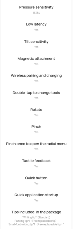 Huawei fournit une liste des caractéristiques du M-Pencil Pro sur son site web.