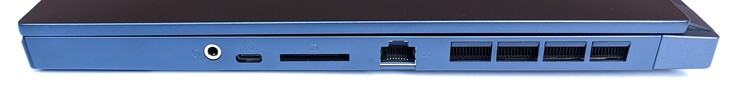 Côté droit : prise jack, USB C 3.2 Gen 2, lecteur de carte SD , LAN Gigabit, ventilation.