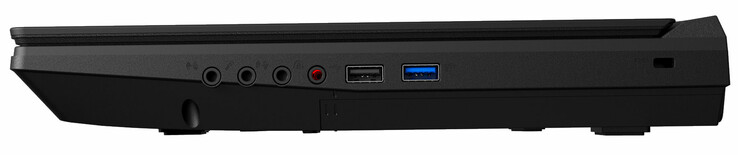 Côté droit : entrée audio, entrée micro, sortie audio, audio 2-en-1 (écouteurs + S/PDIF optique), USB A 2.0, USB A 3.1 Gen 1, verrou de sécurité.