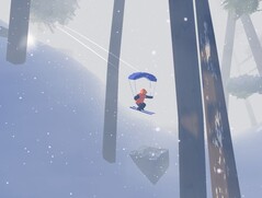 Illustration : Le personnage du joueur fait du parapente dans une forêt dense pendant une tempête de neige. (Source : Capture d'écran du jeu Sno : Ultimate Freeriding de Studio Gauntlet)