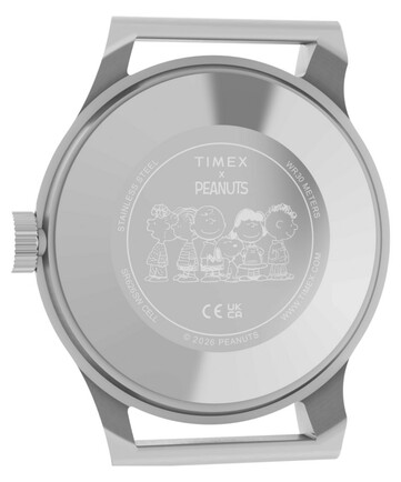 Fond du boîtier de la Timex x Peanuts MK1 représentant Snoopy et d'autres personnages de Peanuts.