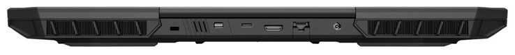 Arrière : Emplacement pour un verrou de câble, mini Displayport 1.4a (G-Sync), USB 3.2 Gen 2 (USB-C), HDMI 2.1, Gigabit Ethernet, connecteur d'alimentation
