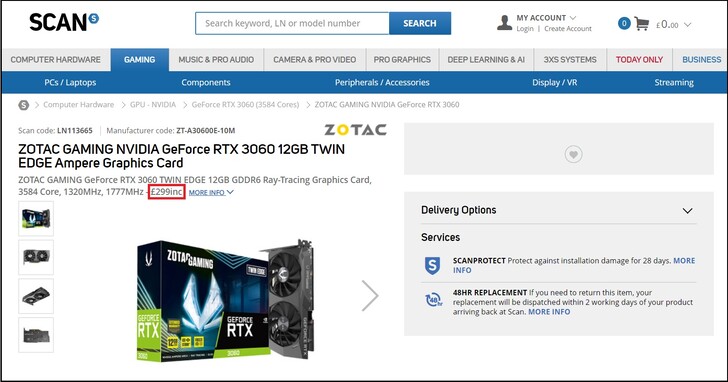 Zotac GeForce RTX 3060 board à £299. (Source de l'image : Scan)