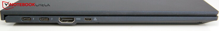 Côté gauche : deux ports USB-C 3.2 Gen2 avec Thunderbolt 4, port HDMI, port microHDMI (LAN via un adaptateur microHDMI-to-RJ45)