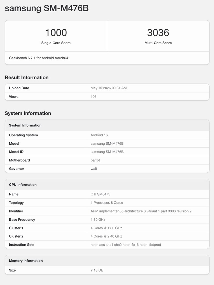 Fiche Geekbench de l'Galaxy M47 5G, dont la sortie est attendue.