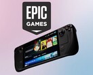 Le logo d'Epic Games apparaît au-dessus du Steam Deck de Valve