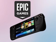 Le logo d'Epic Games apparaît au-dessus du Steam Deck de Valve