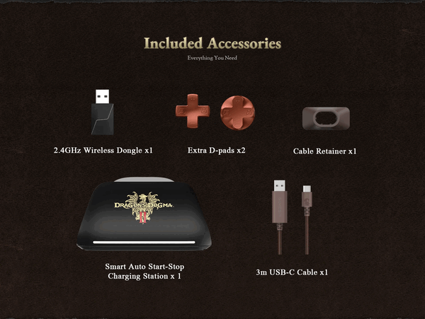 La GameSir G7 Pro Dragon's Dogma II Edition est livrée avec une poignée d'accessoires.