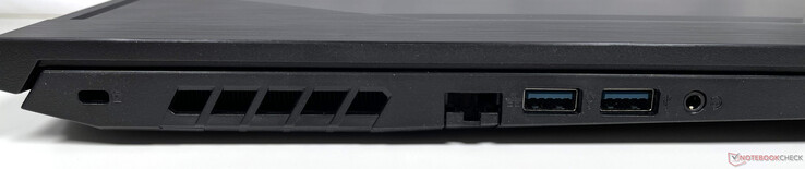 Côté gauche : Fente de sécurité Kensington, port Gigabit Ethernet, deux ports USB 3.2 Gen 1 Type-A, combinaison de prise casque/microphone