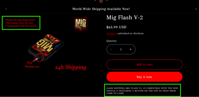 migflashunited.com revendique la compatibilité avec la Switch 2 à deux endroits différents sur sa page produit, alors que d'autres sites n'en font pas mention (Image Source : migflashunited.com)