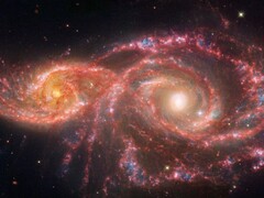 Image prise par le télescope spatial James Webb, montrant la fusion des deux galaxies IC 2163 et NGC 2207. (Source de l'image : © NASA, ESA, CSA, STScI)