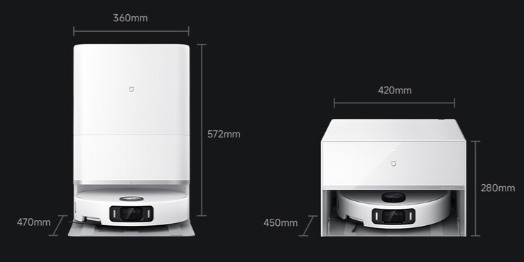 Les mesures du robot aspirateur Xiaomi Mijia 5 Pro Water Tank Edition (à gauche) et Water and Drain Version (à droite). (Source de l'image : Xiaomi)