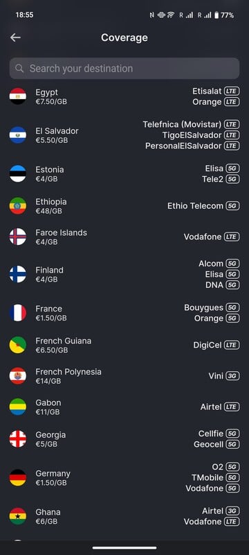 La liste des pays n'indique pas seulement le prix du Ycoin par Go, mais aussi le fournisseur de services local et la norme du réseau.