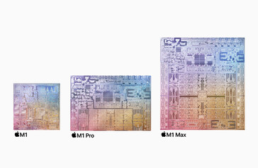 Apple Comparaison de la taille des matrices M1, M1 Pro et M1 Max. (Image Source : Apple)