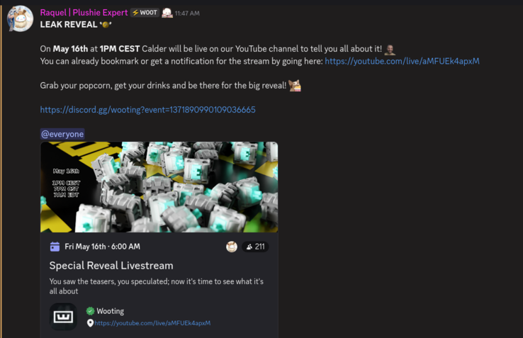 Annonce du Discord Wooting pour le lancement du livestream du 16 mai