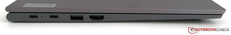 À gauche : 2x Thunderbolt 4 (40 Gbit/s, DisplayPort Alt-Mode 1.4a, Power Delivery 3.0), USB-A (3.2 Gen.1), HDMI 2.0