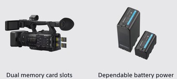 Le HXR-NX800 et le PXW-Z200 peuvent enregistrer sur deux cartes mémoire CFexpress Type A ou SD pendant plus de quatre heures non-stop en utilisant la batterie BP-U100 97 Wh en option. (Source de l'image : Sony)