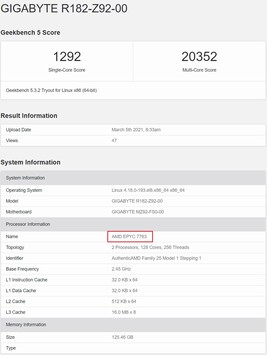 AMD EPYC 7763. (Source de l'image : Geekbench)