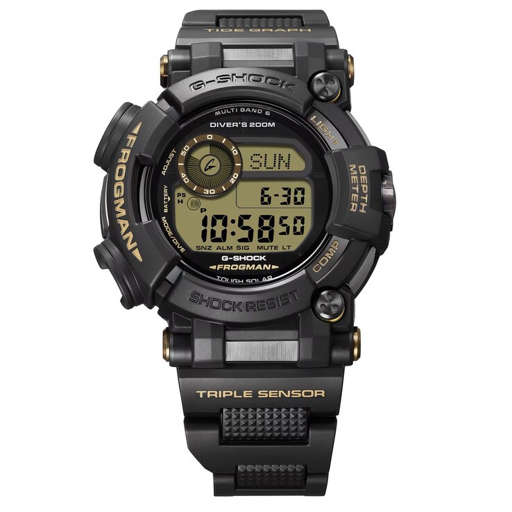 Casio G-Shock Frogman GWF-D1000BC-1JF avec un boîtier entièrement noir, des détails couleur beige et un bracelet en composite métal-résine.