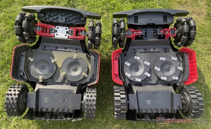 Le Dreame A3 AWD Pro (à gauche) dispose d’une suspension avant plus robuste, tandis que le Mova LiDAX Ultra AWD (à droite) possède deux fois plus de pales.