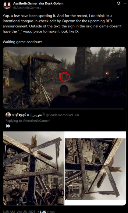 Dusk Golem Resident Evil 9 signpost commente sur X (Image source : AestheticGamer aka Dusk Golem X account)