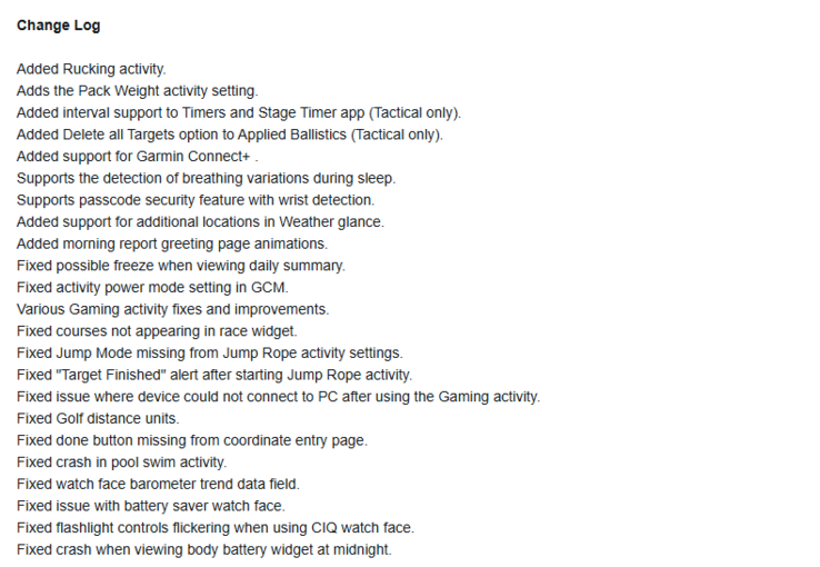 Les notes de version 9.20 de la smartwatch Garmin Instinct 3 AMOLED. (Source de l'image : Garmin)