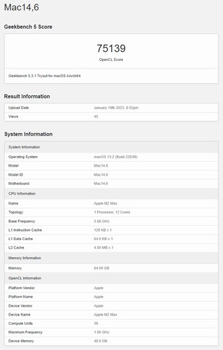 MacBook Pro 16 avec M2 Max dans Geekbench OpenCL. (Source : Geekbench)