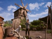 Une image représentant un paysan et un moulin dans « Medieval Dynasty ».