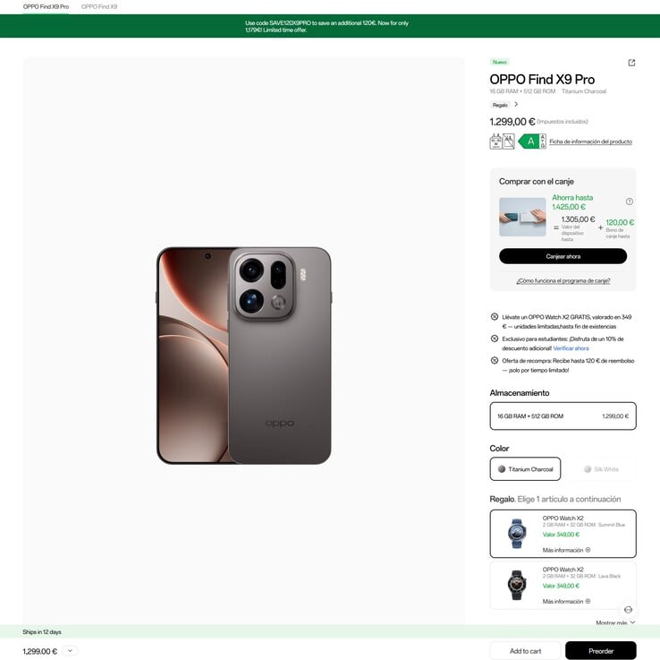 En Espagne, les acheteurs bénéficient d'une réduction de 120 € sur l'Oppo Find X9 Pro et d'une Oppo Watch X2 gratuite.