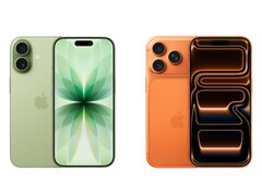 Image côte à côte de l'iPhone 17 vert avec deux caméras et de l'iPhone 17 Pro orange avec trois caméras. (Source de l'image : Apple)