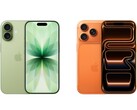 Image côte à côte de l'iPhone 17 vert avec deux caméras et de l'iPhone 17 Pro orange avec trois caméras. (Source de l'image : Apple)